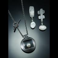 Ashley Heitzman: Silver Grid Pearl Nest and Post Drop Earrings